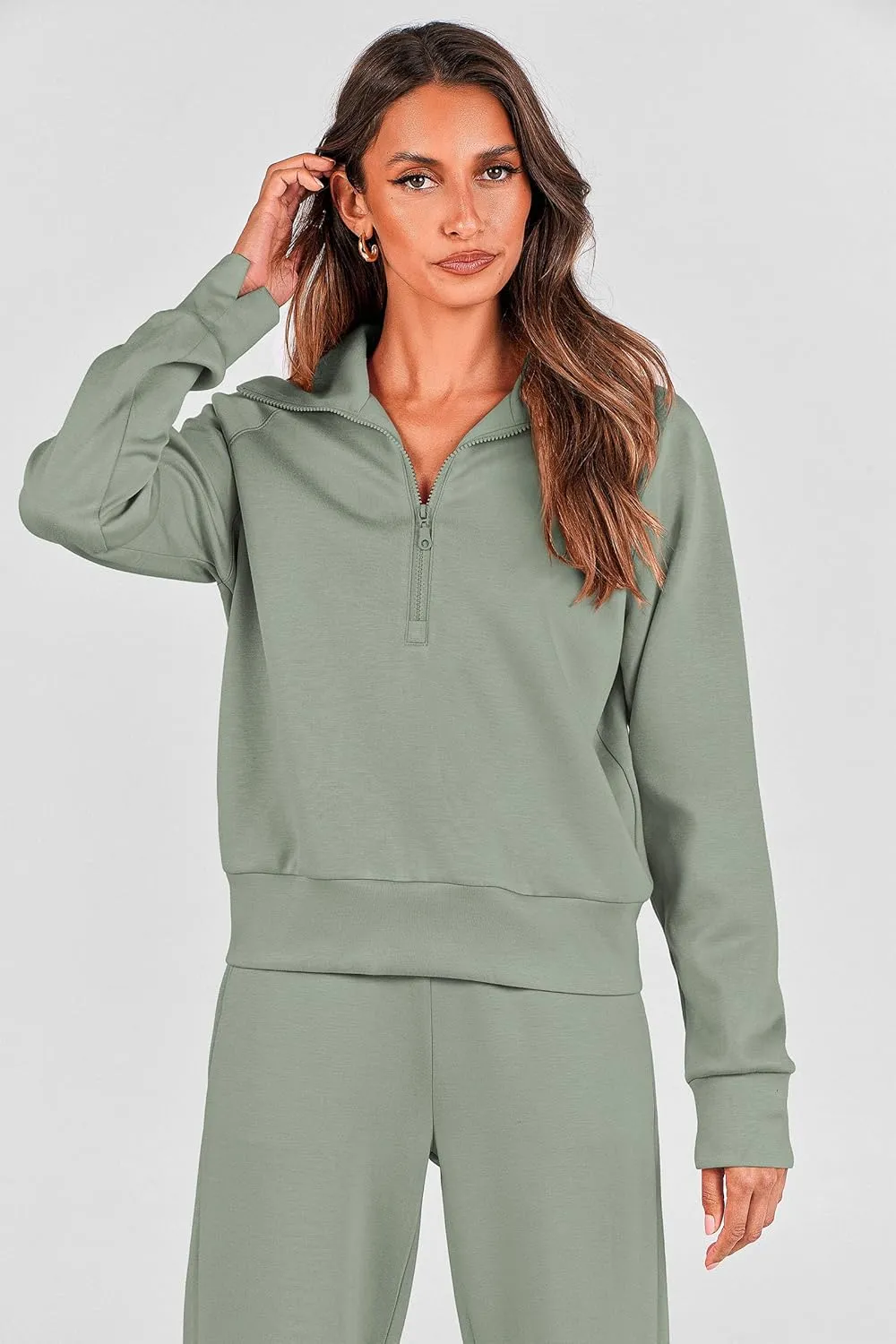PRETTYGARDEN Women's 2 Piece Outfits Casual Lapel Half Zip Sweatshirts And Wide Leg Pants Tracksuit Sets
