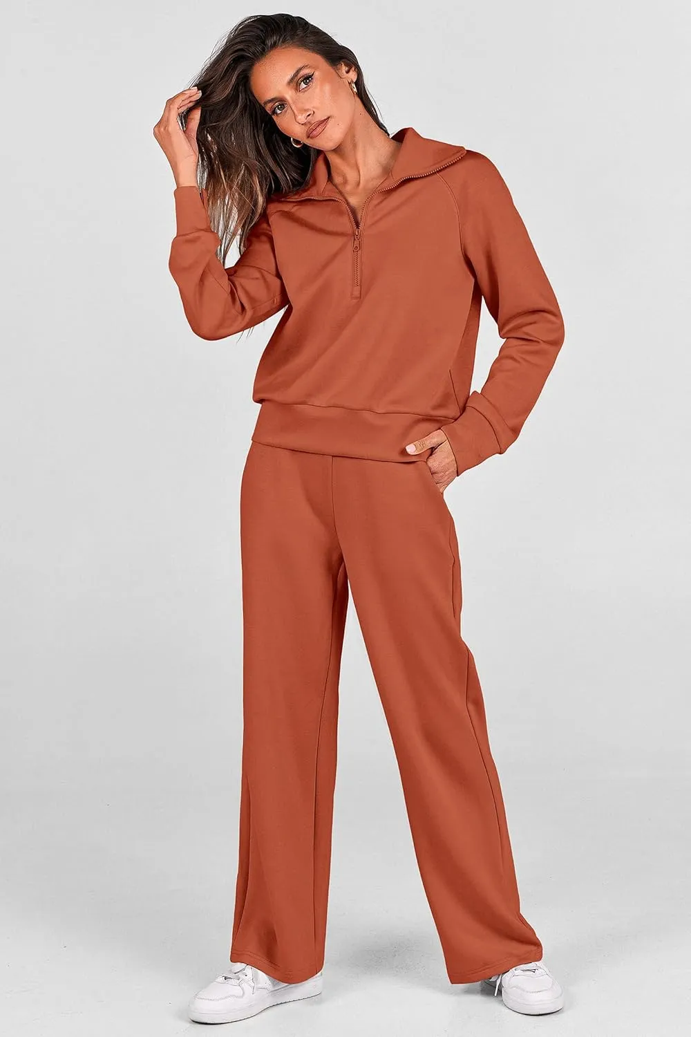 PRETTYGARDEN Women's 2 Piece Outfits Casual Lapel Half Zip Sweatshirts And Wide Leg Pants Tracksuit Sets