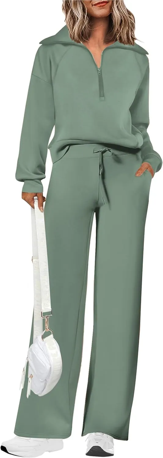 PRETTYGARDEN Women's 2 Piece Outfits Casual Lapel Half Zip Sweatshirts And Wide Leg Pants Tracksuit Sets