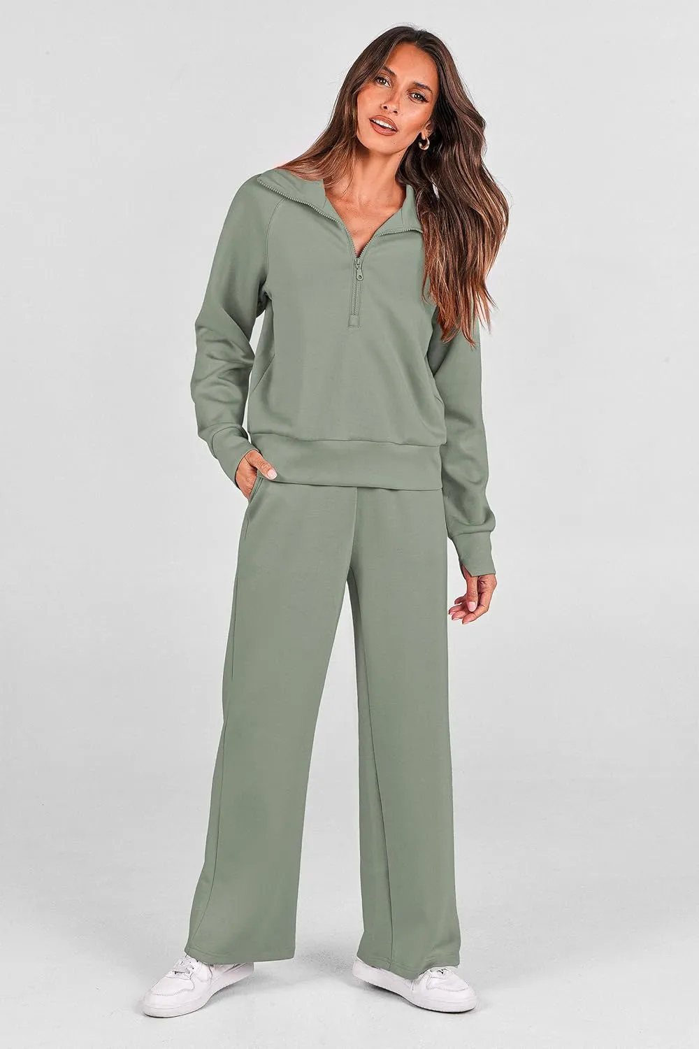 PRETTYGARDEN Women's 2 Piece Outfits Casual Lapel Half Zip Sweatshirts And Wide Leg Pants Tracksuit Sets