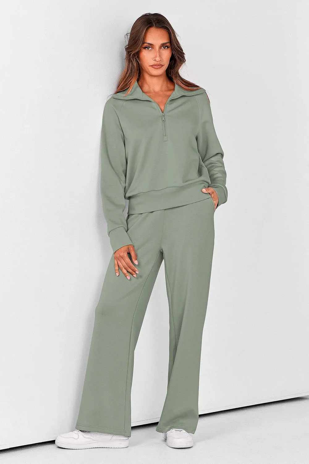 PRETTYGARDEN Women's 2 Piece Outfits Casual Lapel Half Zip Sweatshirts And Wide Leg Pants Tracksuit Sets