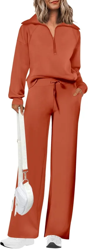 PRETTYGARDEN Women's 2 Piece Outfits Casual Lapel Half Zip Sweatshirts And Wide Leg Pants Tracksuit Sets