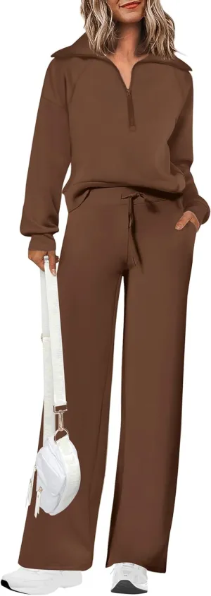 PRETTYGARDEN Women's 2 Piece Outfits Casual Lapel Half Zip Sweatshirts And Wide Leg Pants Tracksuit Sets