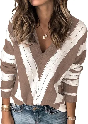 PRETTYGARDEN Women's Fashion Long Sleeve Striped Color Block Knitted Sweater Crew Neck Loose Pullover Jumper Tops