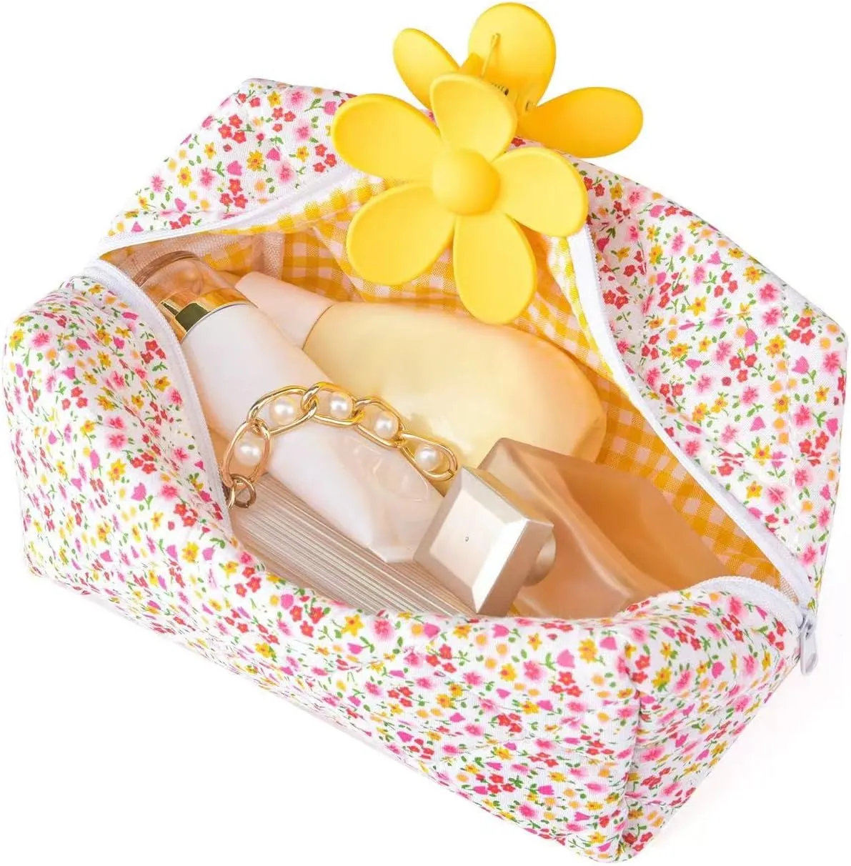 Puffy Coquette Floral Quilted Makeup Bag - Large Fashionable Travel Pouch, Cute Pink
