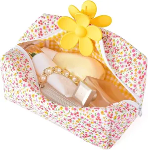 Puffy Coquette Floral Quilted Makeup Bag - Large Fashionable Travel Pouch, Cute Pink