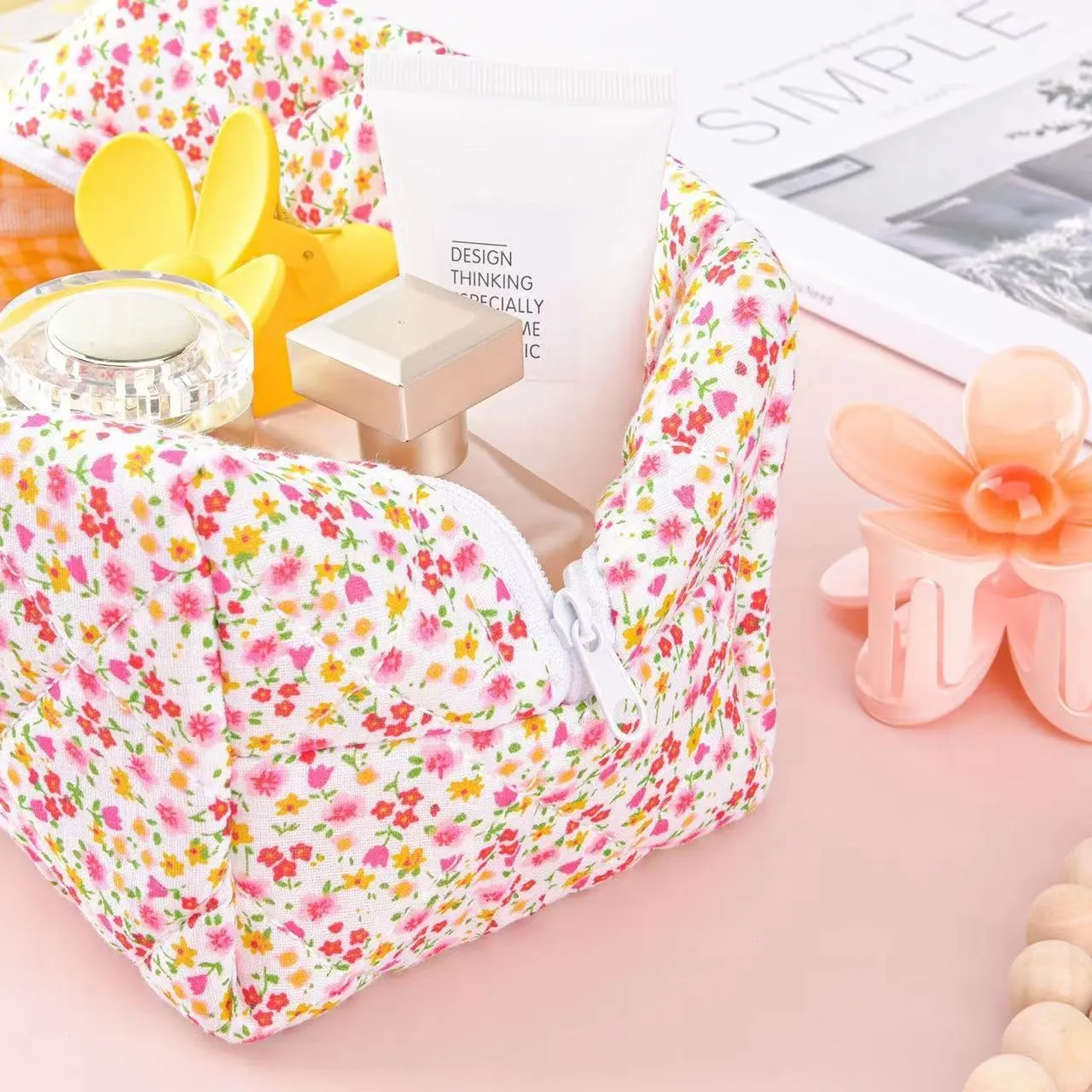Puffy Coquette Floral Quilted Makeup Bag - Large Fashionable Travel Pouch, Cute Pink