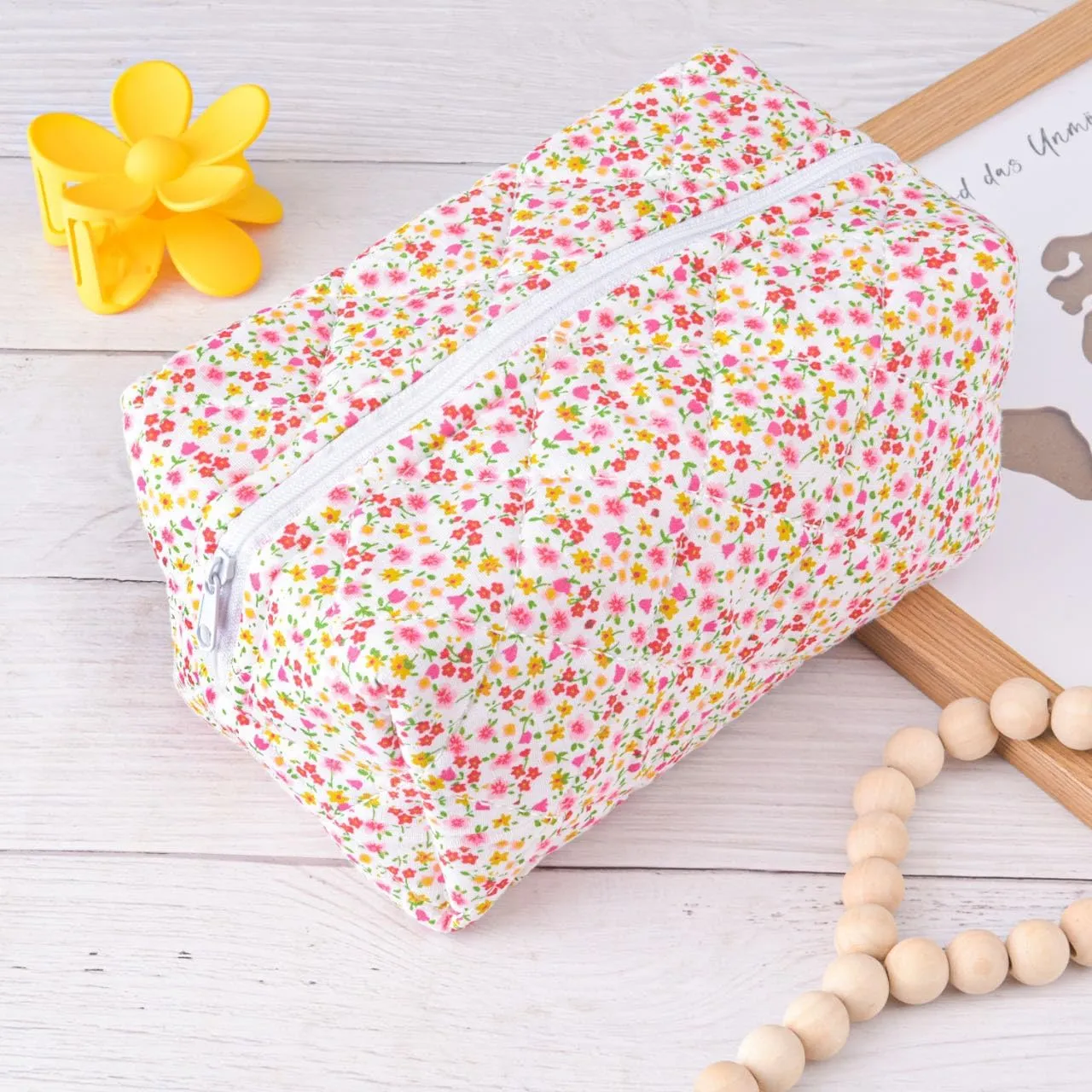 Puffy Coquette Floral Quilted Makeup Bag - Large Fashionable Travel Pouch, Cute Pink