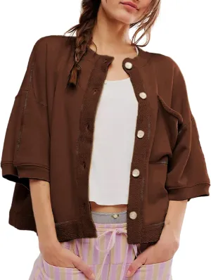 QIBABU Womens Button Down Cardigan Casual Open Front 3/4 Sleeve Crewneck Sweatshirt Tops