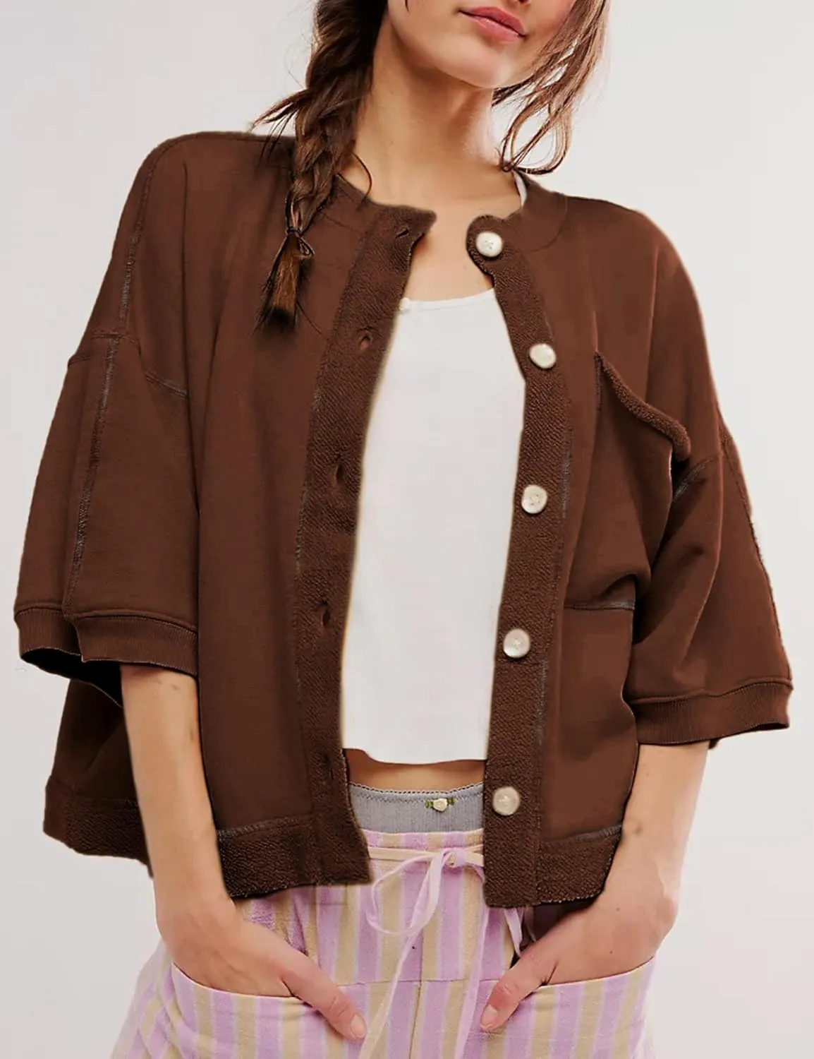 QIBABU Womens Button Down Cardigan Casual Open Front 3/4 Sleeve Crewneck Sweatshirt Tops