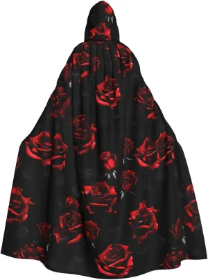 Red and black roses print Hooded cape for adults, Oversized Hooded Cloak with Bow Tie, Adult party dress cape