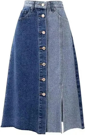Retro Denim Skirt, Fashionable high Waisted, Slimming Goddess, Medium Length, Spliced Designer Style