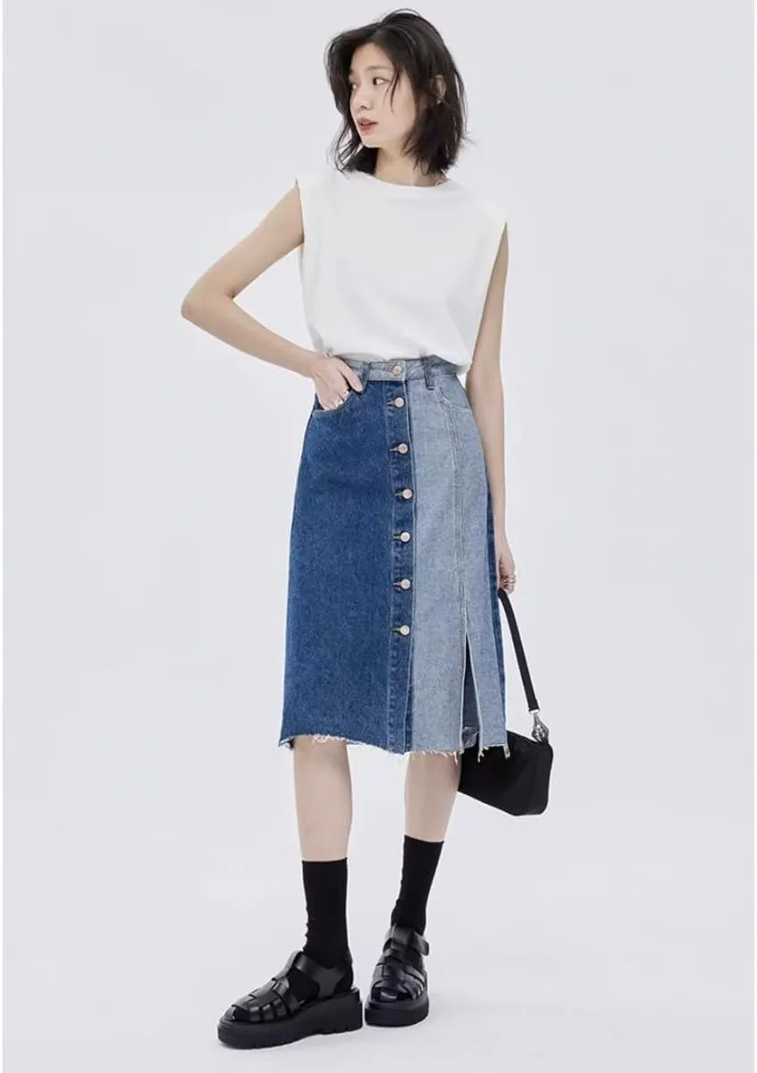 Retro Denim Skirt, Fashionable high Waisted, Slimming Goddess, Medium Length, Spliced Designer Style