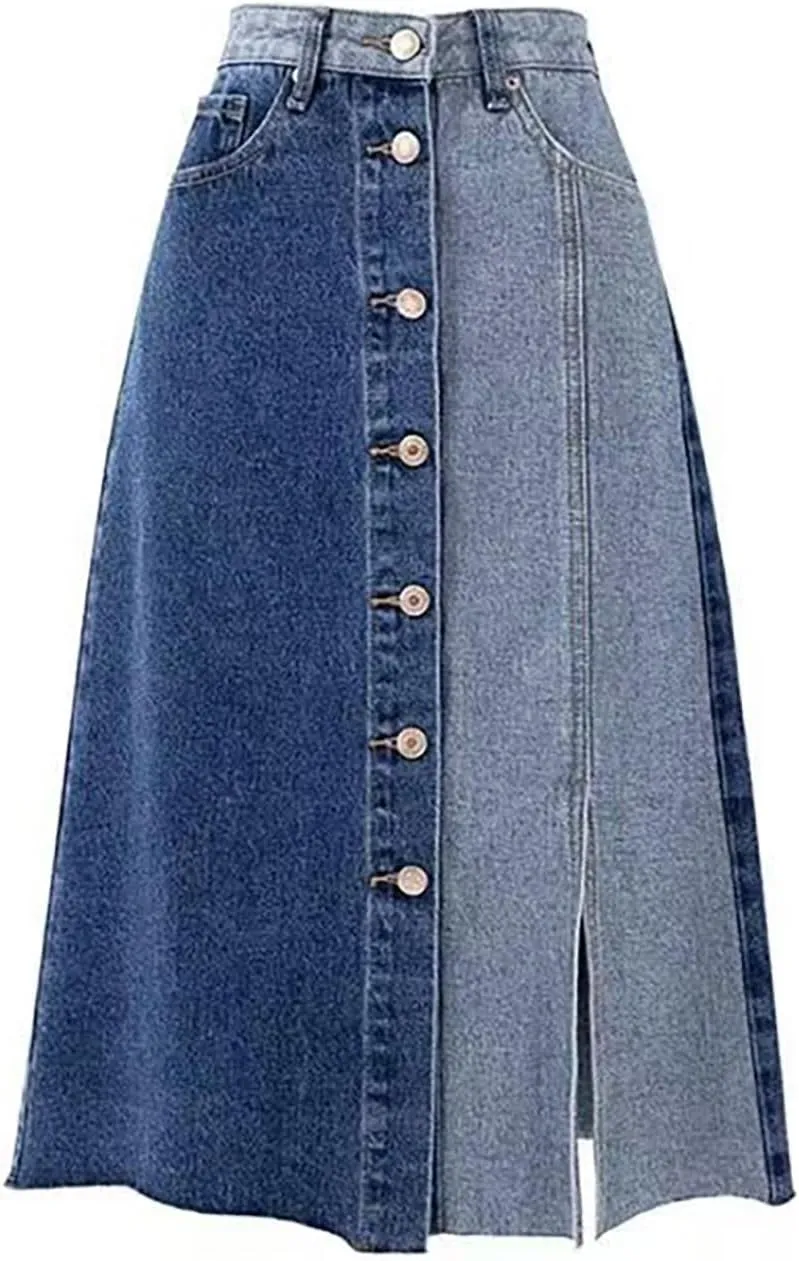 Retro Denim Skirt, Fashionable high Waisted, Slimming Goddess, Medium Length, Spliced Designer Style