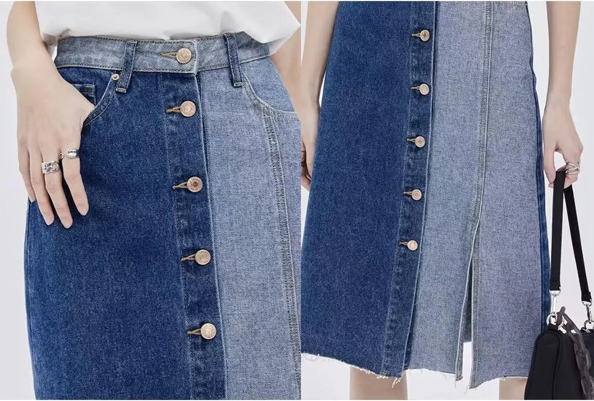 Retro Denim Skirt, Fashionable high Waisted, Slimming Goddess, Medium Length, Spliced Designer Style