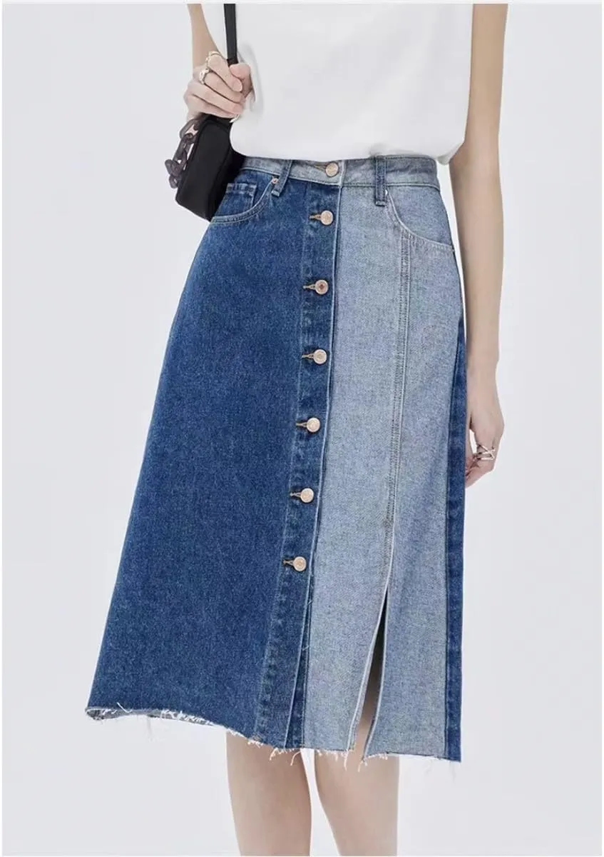 Retro Denim Skirt, Fashionable high Waisted, Slimming Goddess, Medium Length, Spliced Designer Style