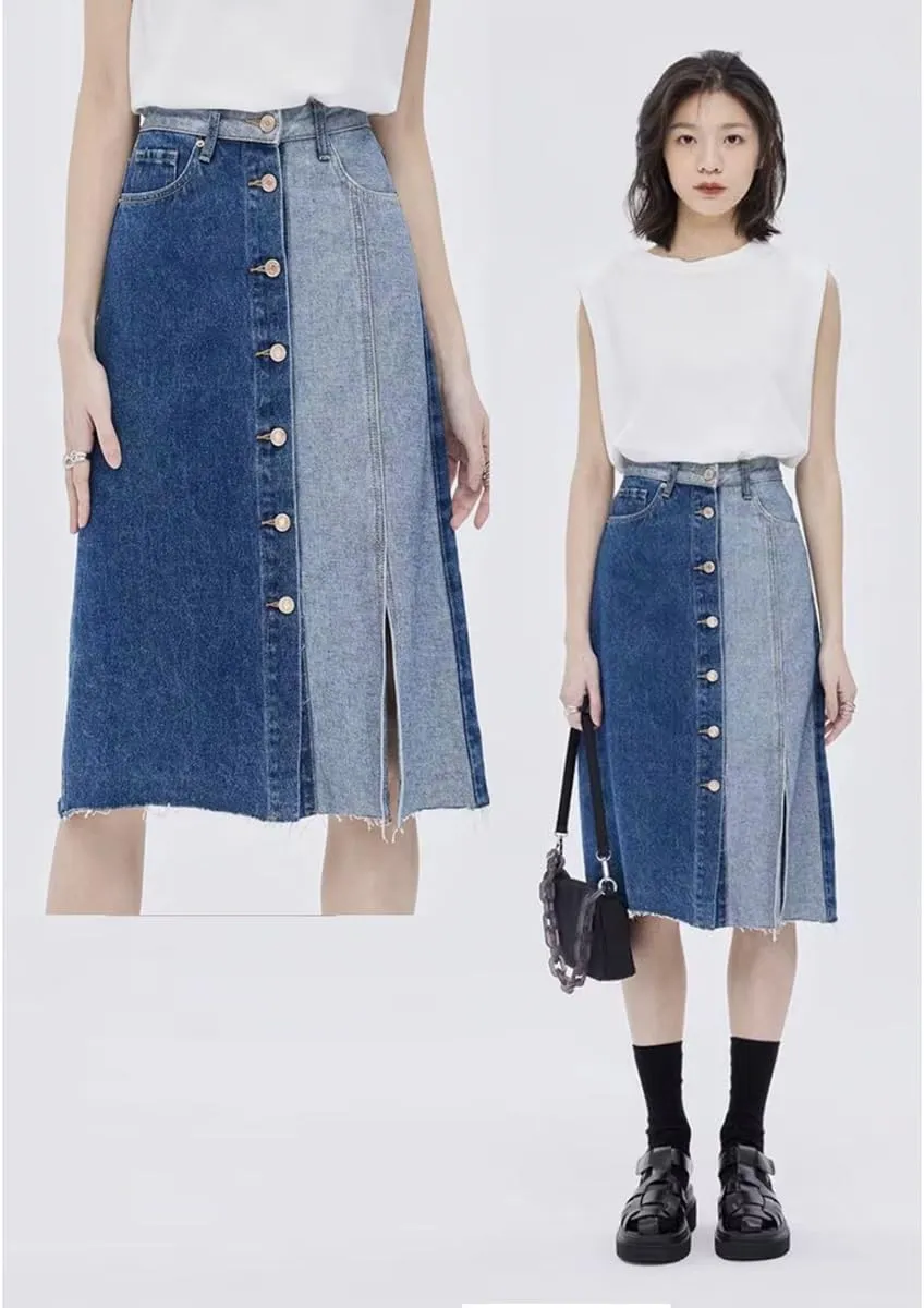 Retro Denim Skirt, Fashionable high Waisted, Slimming Goddess, Medium Length, Spliced Designer Style