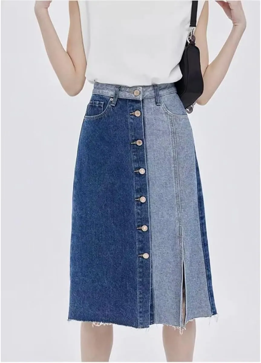 Retro Denim Skirt, Fashionable high Waisted, Slimming Goddess, Medium Length, Spliced Designer Style