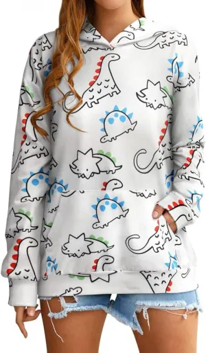 RMCMS Women Dinosaur Funny Hoodie Sweatshirt Pocket Crewneck Casual Loose Cute Tops Long Sleeve Hoodied Pullover Shirt