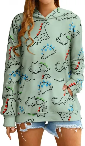 RMCMS Women Dinosaur Funny Hoodie Sweatshirt Pocket Crewneck Casual Loose Cute Tops Long Sleeve Hoodied Pullover Shirt