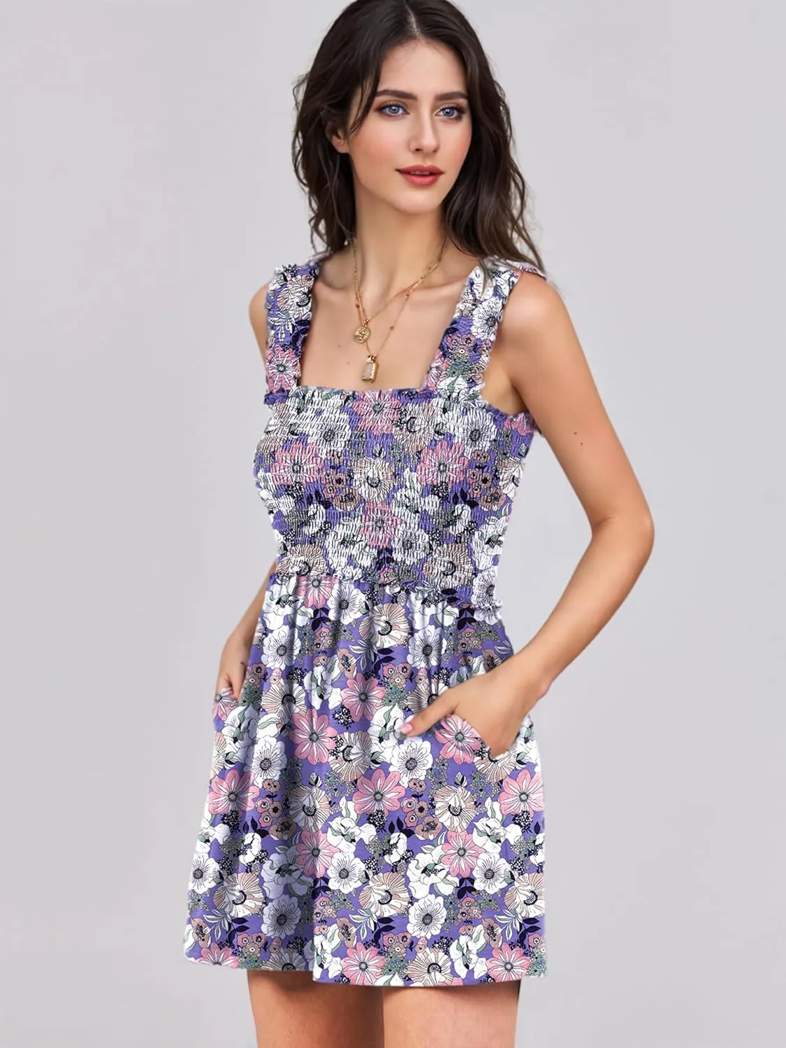 Rompers for Women 2025 Summer Casual Smocked Sleeveless Printed Dressy Romper Shorts Jumpsuit Beach Vacation Outfits