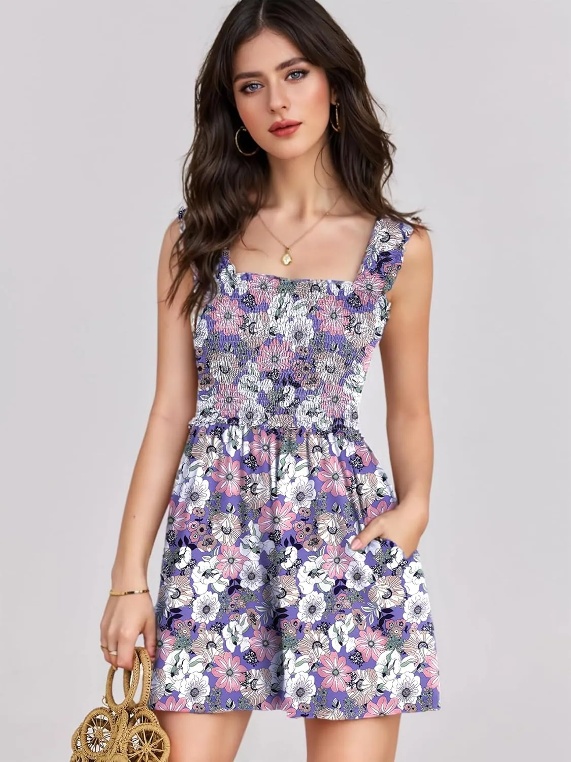 Rompers for Women 2025 Summer Casual Smocked Sleeveless Printed Dressy Romper Shorts Jumpsuit Beach Vacation Outfits