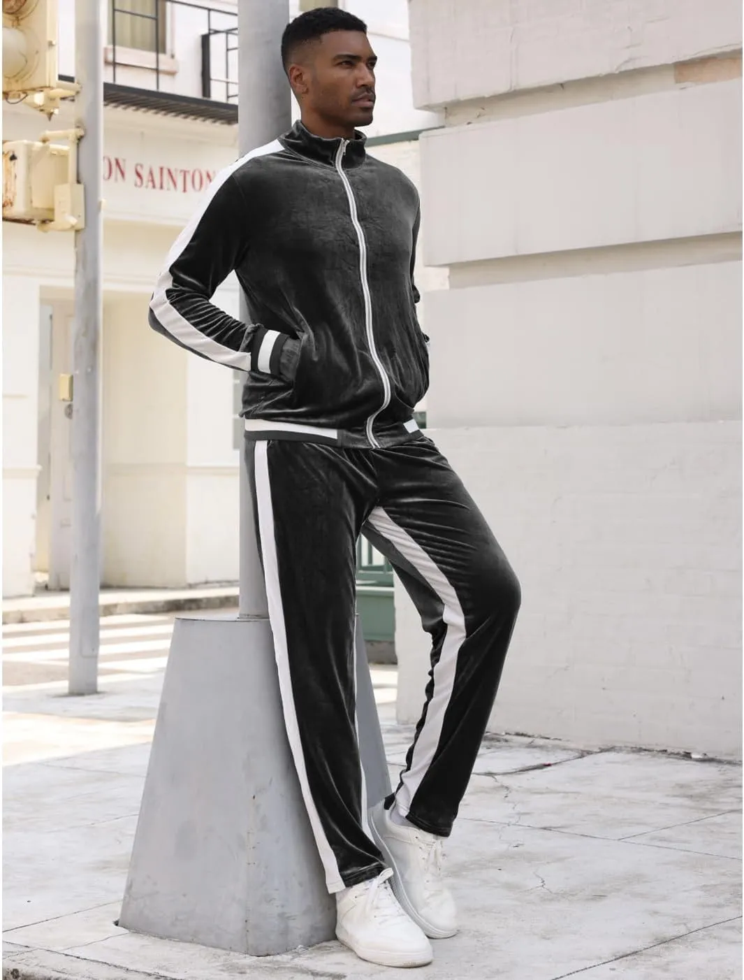 RPOVIG Velour Tracksuit Sweatsuit Velvet:Men's Jogging track suit 2 Pieces Set Zip Up Sweatshirts Jacket Pants With Pockets