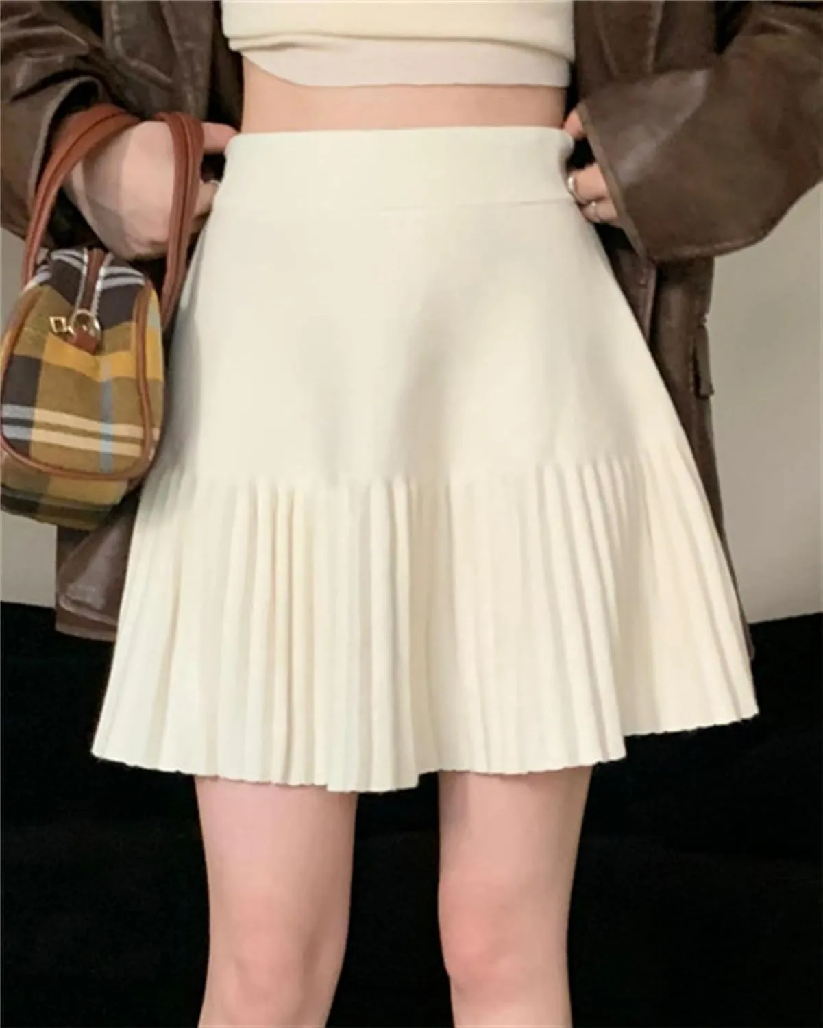 SANGTREE Women's Cute Stretchy Knit Short Pleated Solid Sweater Skirt