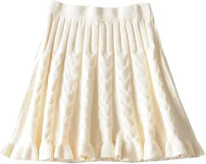 SANGTREE Women's Cute Stretchy Knit Short Pleated Solid Sweater Skirt