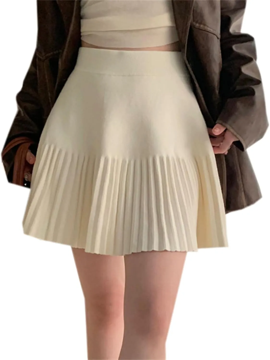 SANGTREE Women's Cute Stretchy Knit Short Pleated Solid Sweater Skirt
