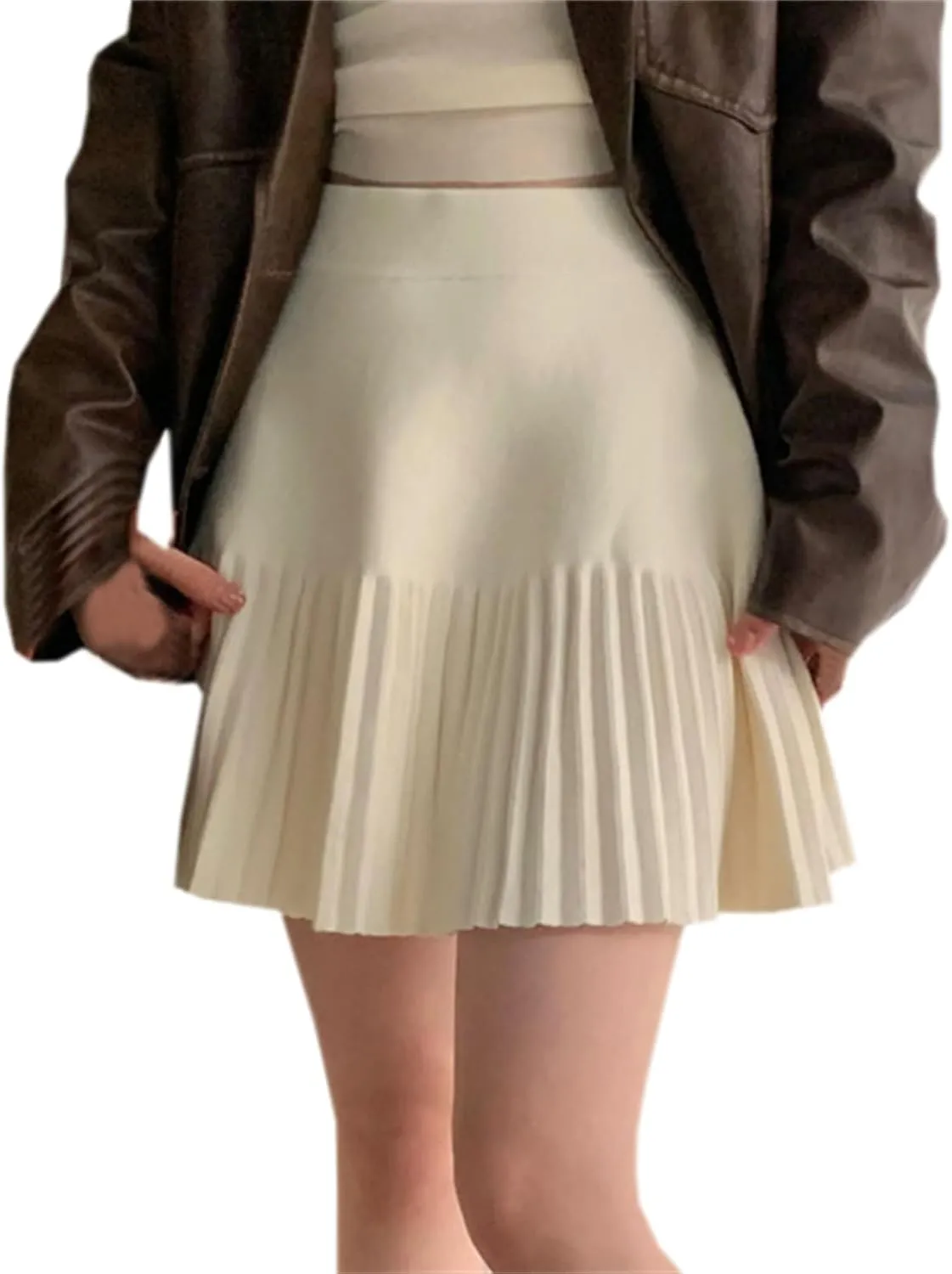 SANGTREE Women's Cute Stretchy Knit Short Pleated Solid Sweater Skirt