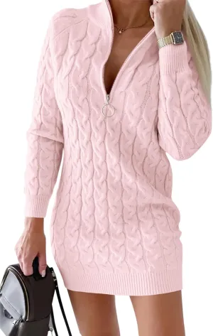 Saodimallsu Womens Cable Knit Sweater Dress Half Zip Long Sleeve Sexy Bodycon Mock Neck Chunky Mini Dresses