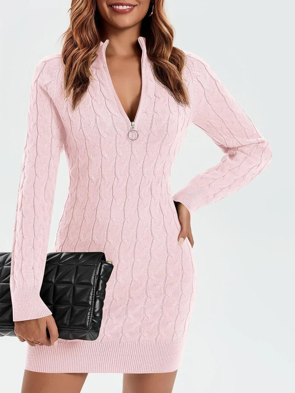 Saodimallsu Womens Cable Knit Sweater Dress Half Zip Long Sleeve Sexy Bodycon Mock Neck Chunky Mini Dresses