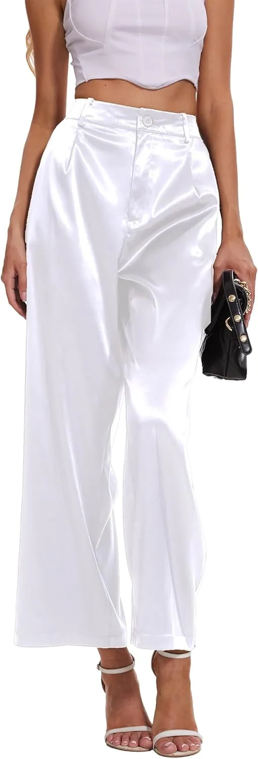 Satin Pants for Women High Waist Wide Leg Dress Casual Silk Disco Pants with Pockets
