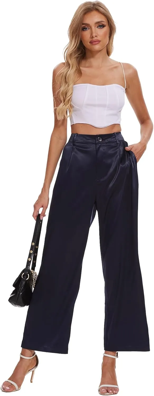 Satin Pants for Women High Waist Wide Leg Dress Casual Silk Disco Pants with Pockets