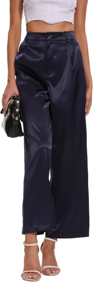 Satin Pants for Women High Waist Wide Leg Dress Casual Silk Disco Pants with Pockets
