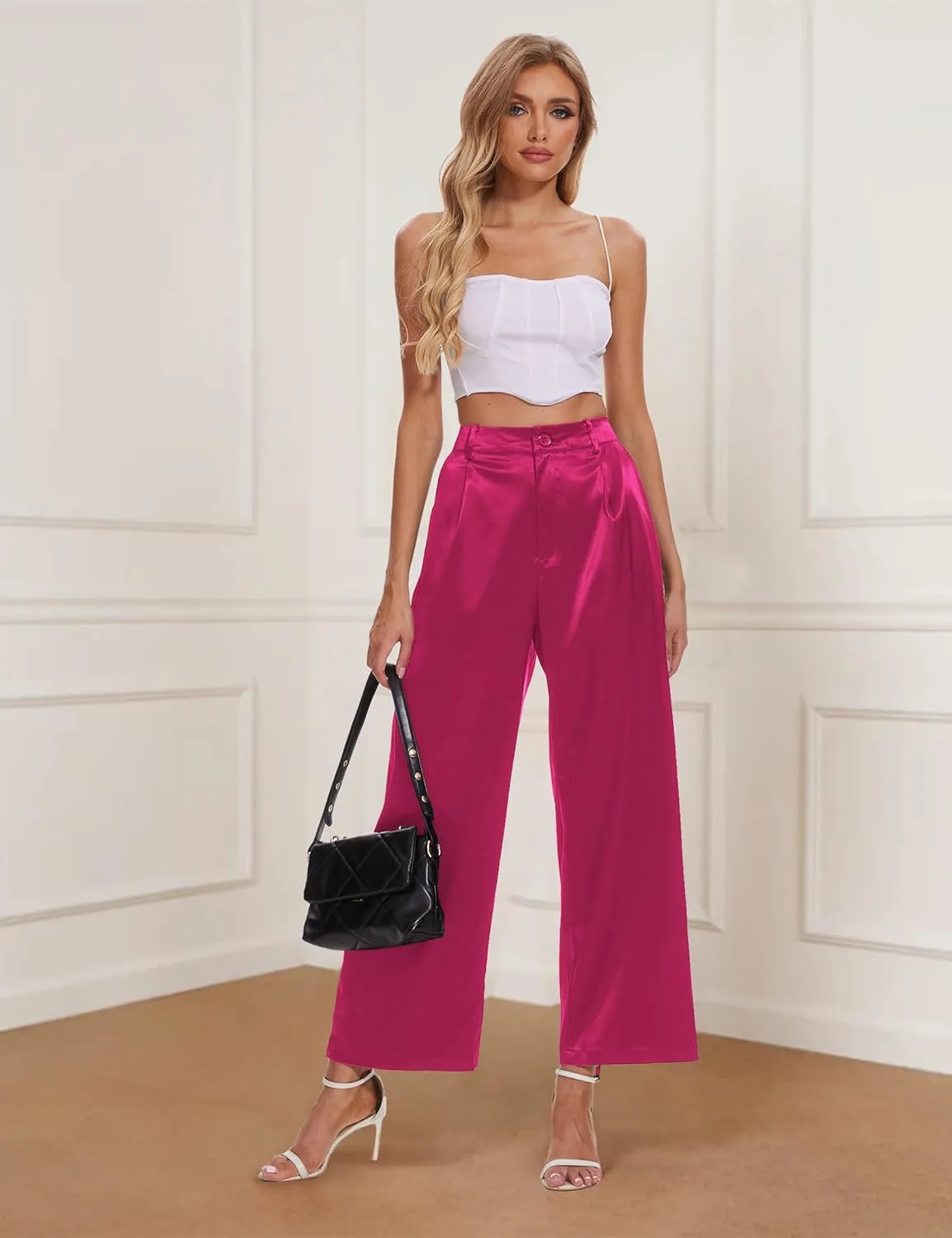 Satin Pants for Women High Waist Wide Leg Dress Casual Silk Disco Pants with Pockets