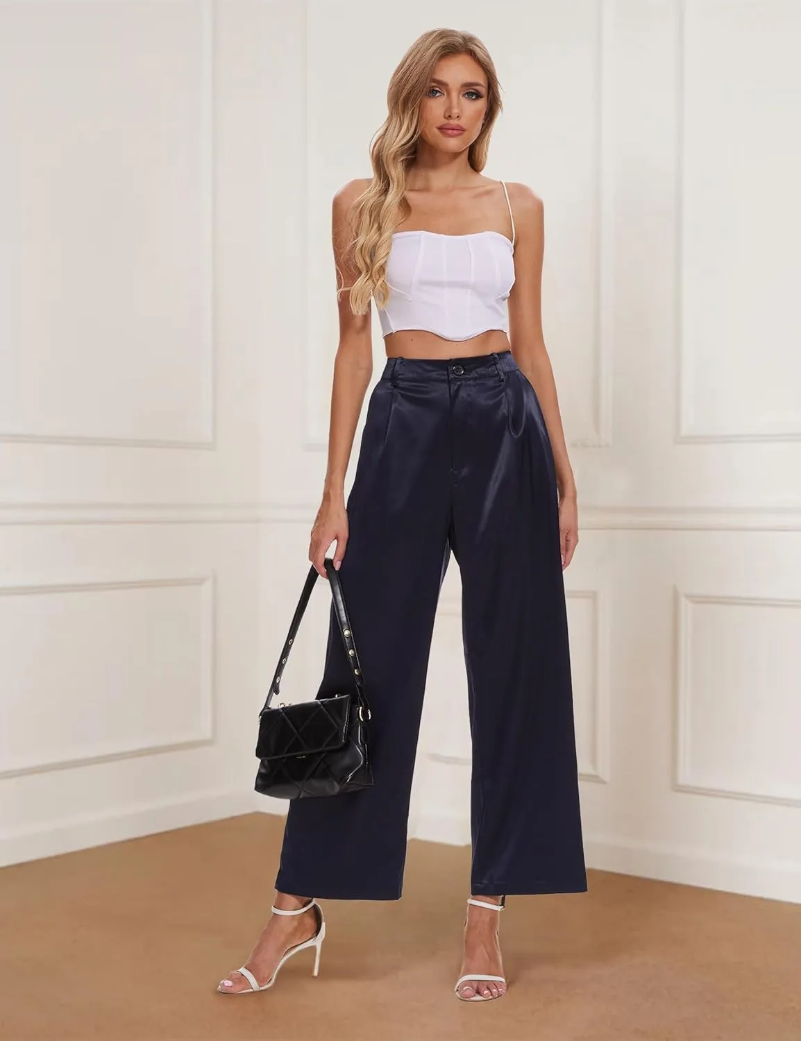 Satin Pants for Women High Waist Wide Leg Dress Casual Silk Disco Pants with Pockets