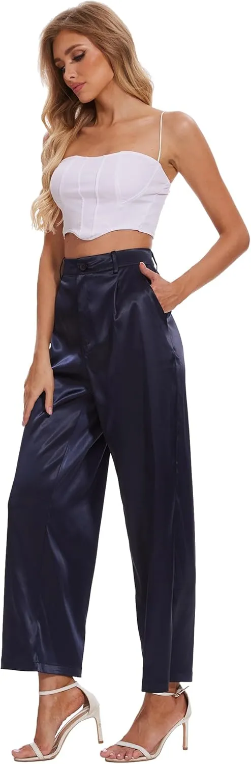 Satin Pants for Women High Waist Wide Leg Dress Casual Silk Disco Pants with Pockets