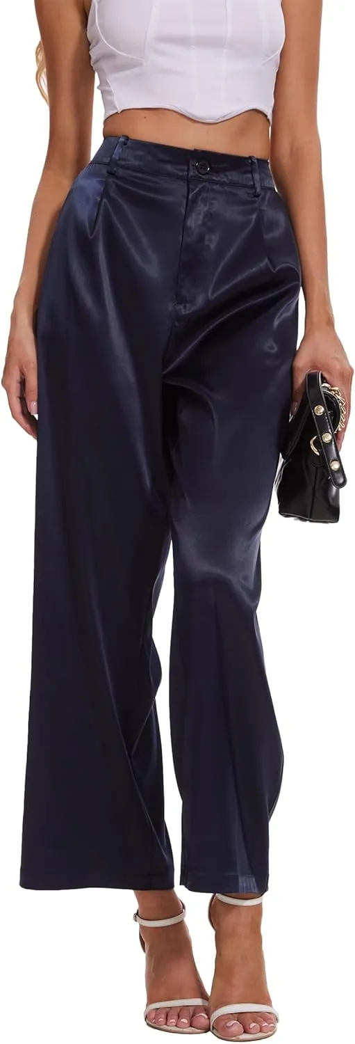 Satin Pants for Women High Waist Wide Leg Dress Casual Silk Disco Pants with Pockets