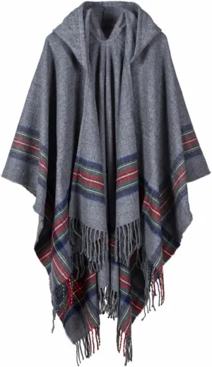 SEMATOMALA Women's Hooded Poncho Cape Winter Warm Open Front Tartan Tassel Trim Plus Size Wrap Shawl Cloak Cardigan Outwear