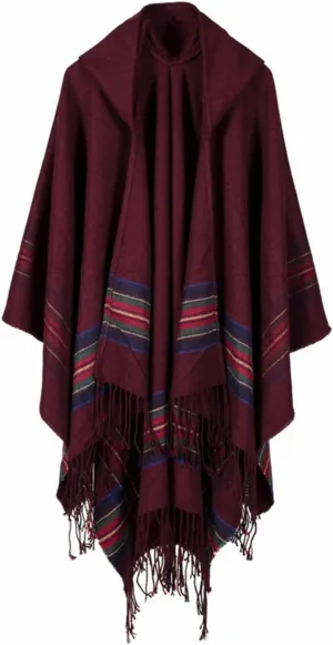 SEMATOMALA Women's Hooded Poncho Cape Winter Warm Open Front Tartan Tassel Trim Plus Size Wrap Shawl Cloak Cardigan Outwear