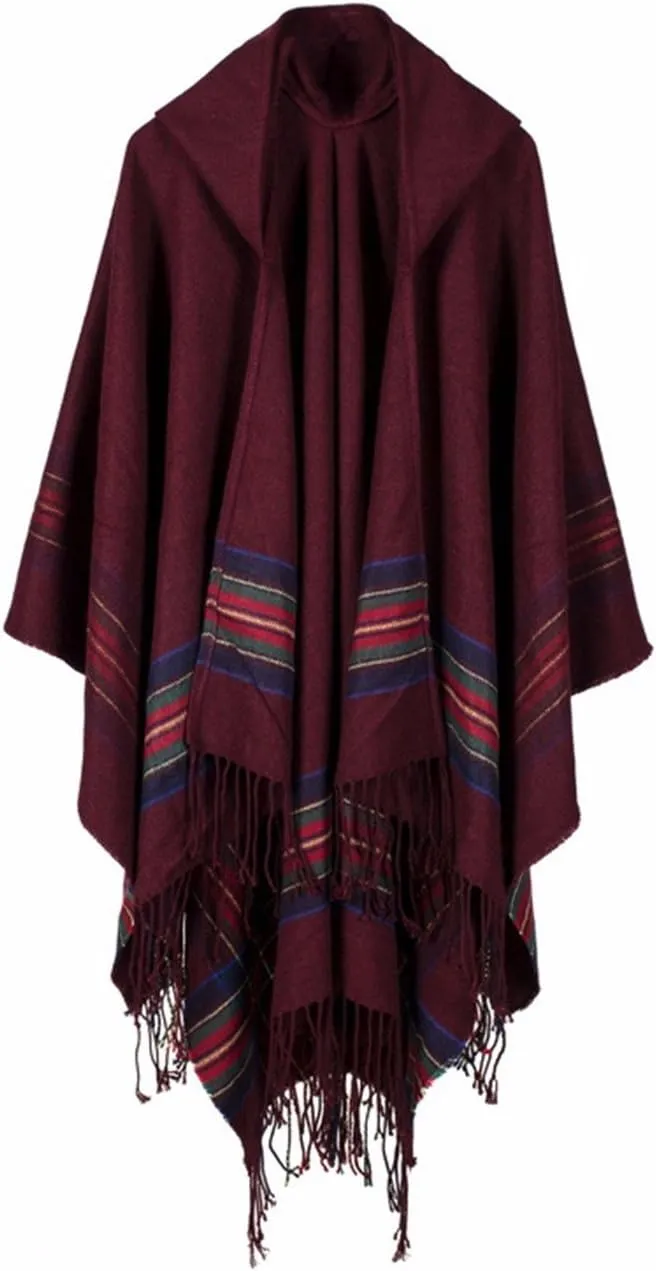 SEMATOMALA Women's Hooded Poncho Cape Winter Warm Open Front Tartan Tassel Trim Plus Size Wrap Shawl Cloak Cardigan Outwear