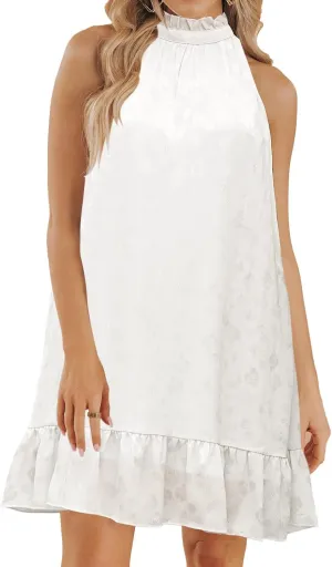 SENFURE Womens Summer Halter Neck Mini Floral Dress Cute Wedding Guest Chiffon Flowy Mini Babydoll Tiered Beach Sundress White
