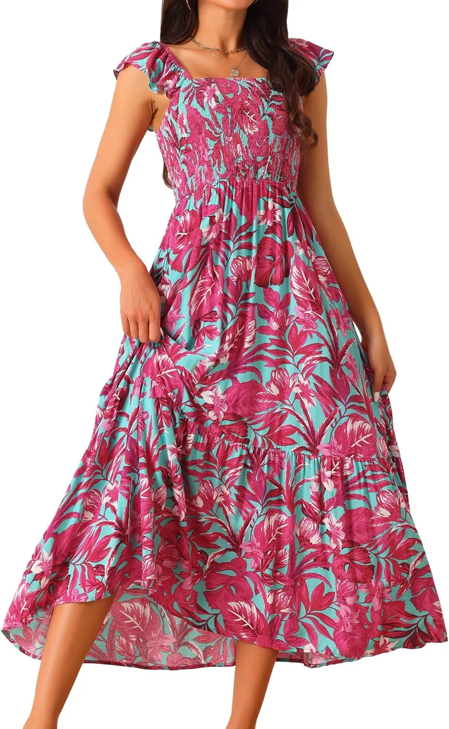 Seta T Women's Summer Dress Smocked Boho Sundress Square Neck Ruffle Cap Sleeve Floral Flowy Maxi Dress