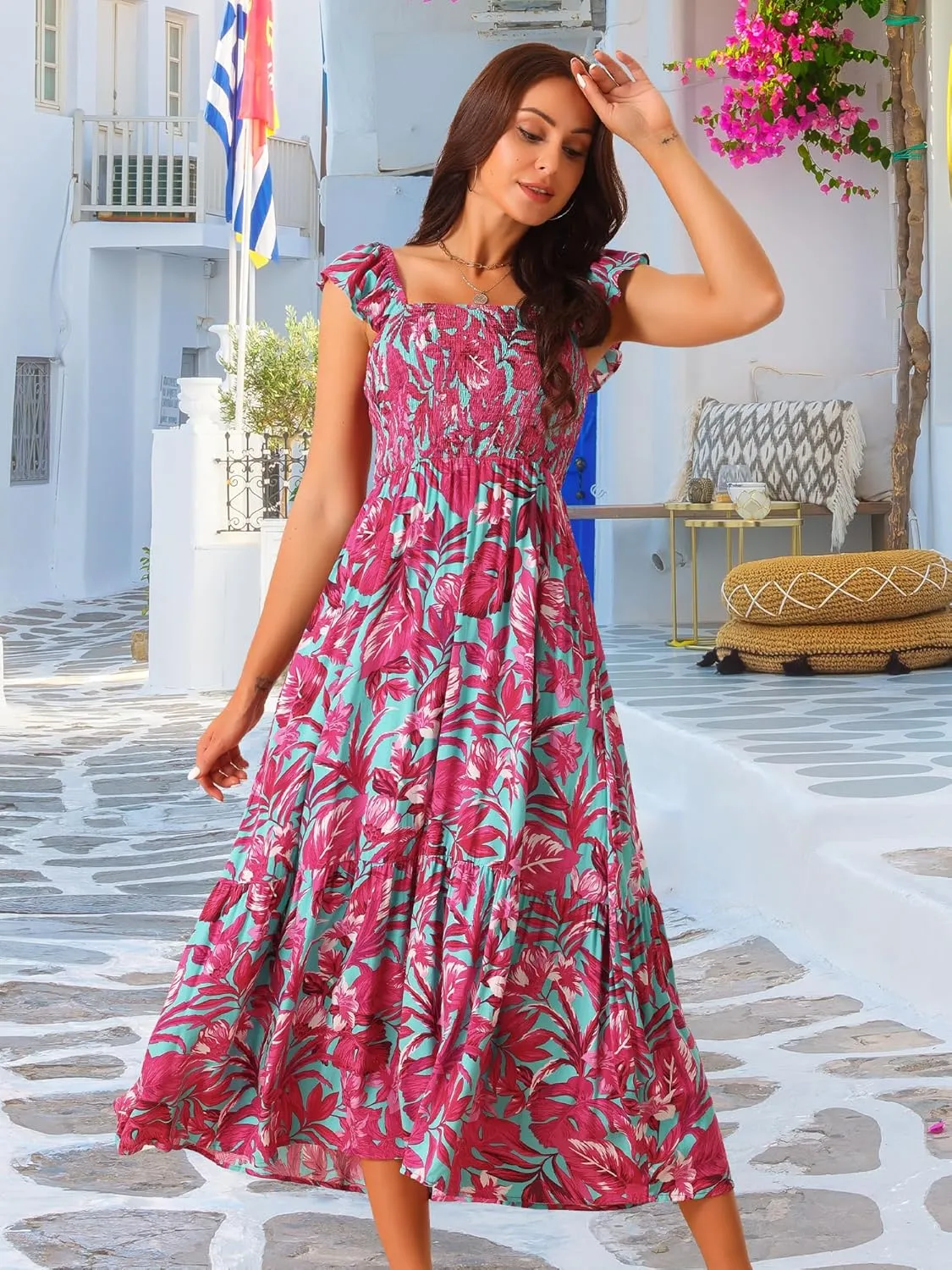 Seta T Women's Summer Dress Smocked Boho Sundress Square Neck Ruffle Cap Sleeve Floral Flowy Maxi Dress