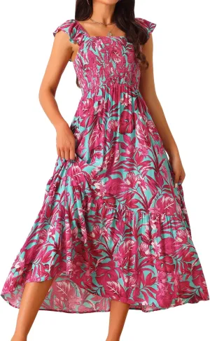 Seta T Women's Summer Dress Smocked Boho Sundress Square Neck Ruffle Cap Sleeve Floral Flowy Maxi Dress