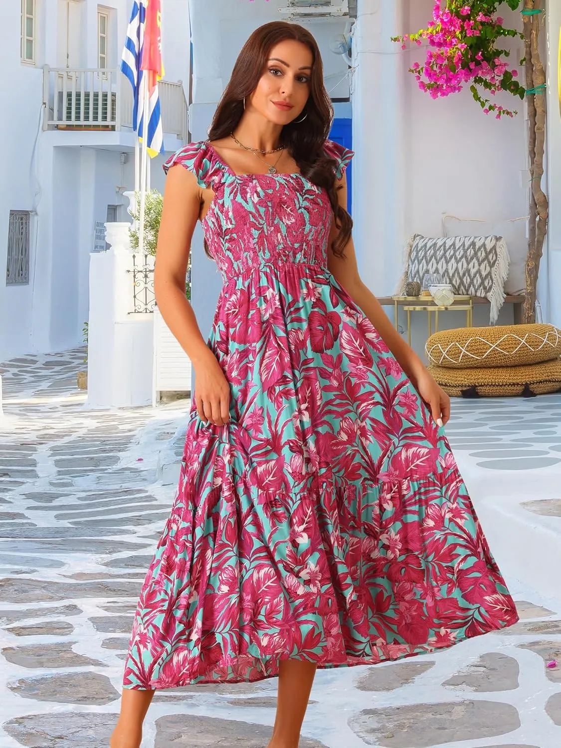 Seta T Women's Summer Dress Smocked Boho Sundress Square Neck Ruffle Cap Sleeve Floral Flowy Maxi Dress