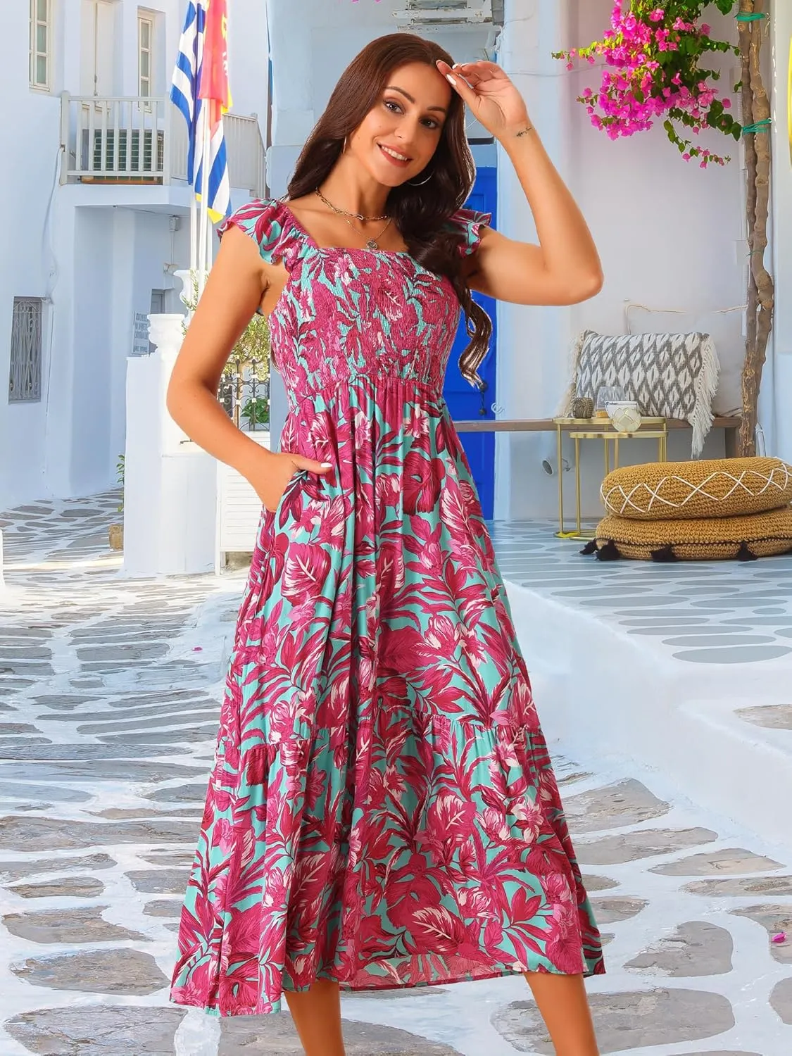 Seta T Women's Summer Dress Smocked Boho Sundress Square Neck Ruffle Cap Sleeve Floral Flowy Maxi Dress