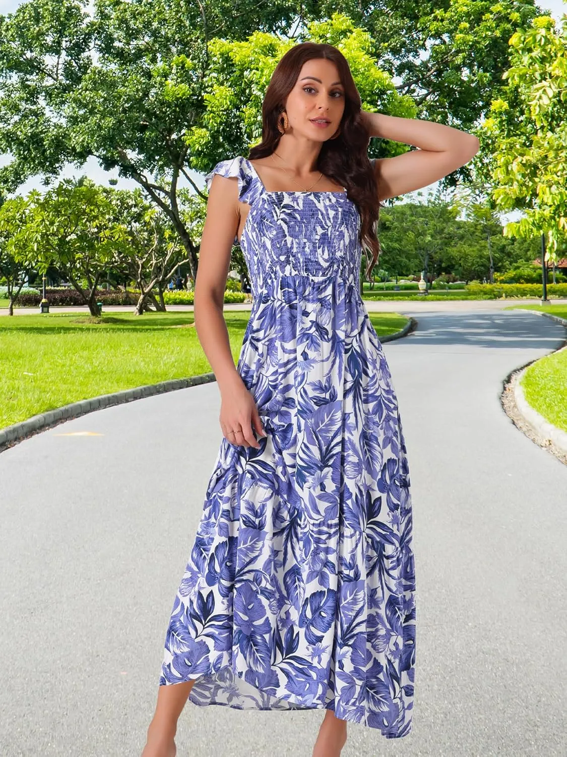 Seta T Women's Summer Dress Smocked Boho Sundress Square Neck Ruffle Cap Sleeve Floral Flowy Maxi Dress